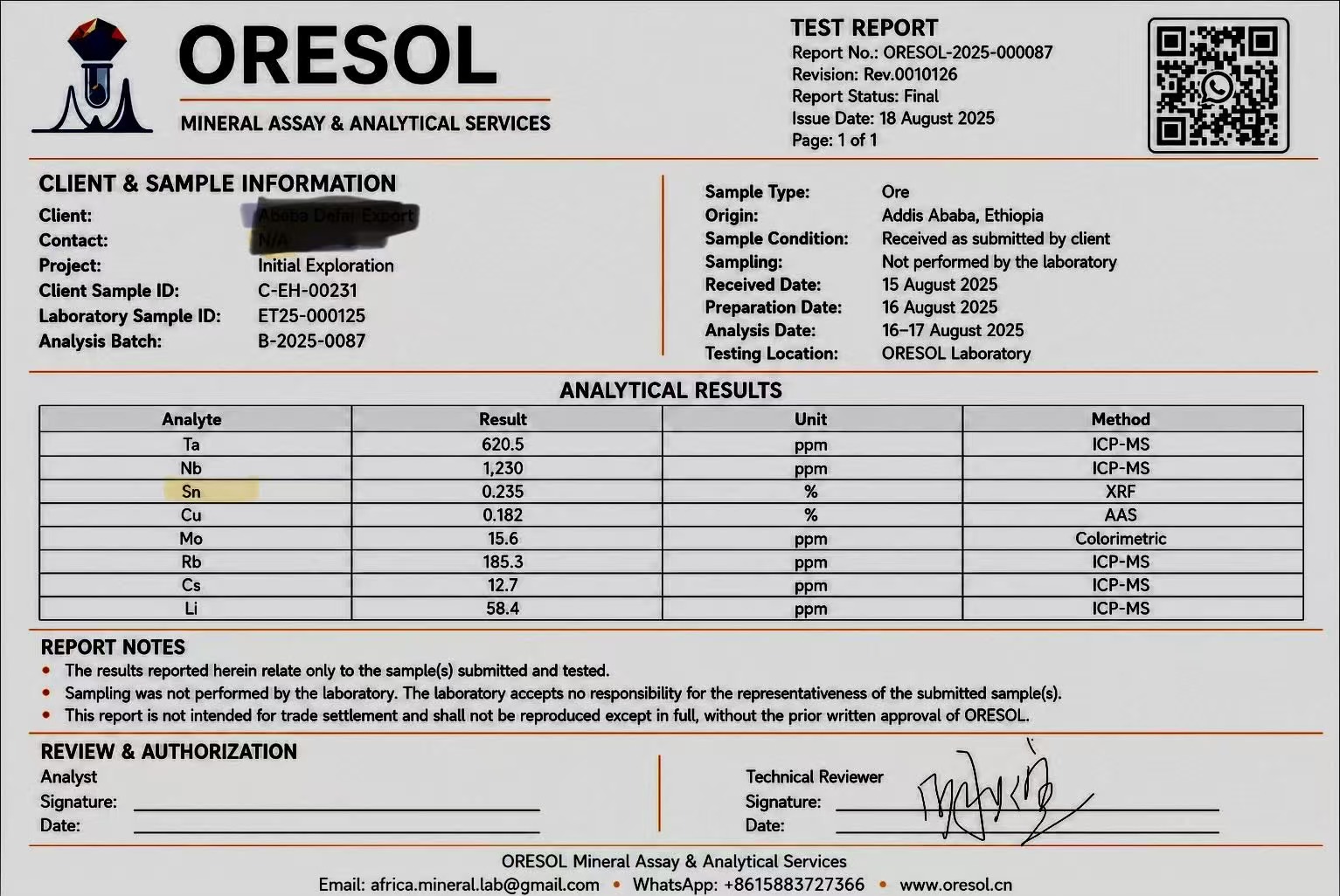 Example analytical report